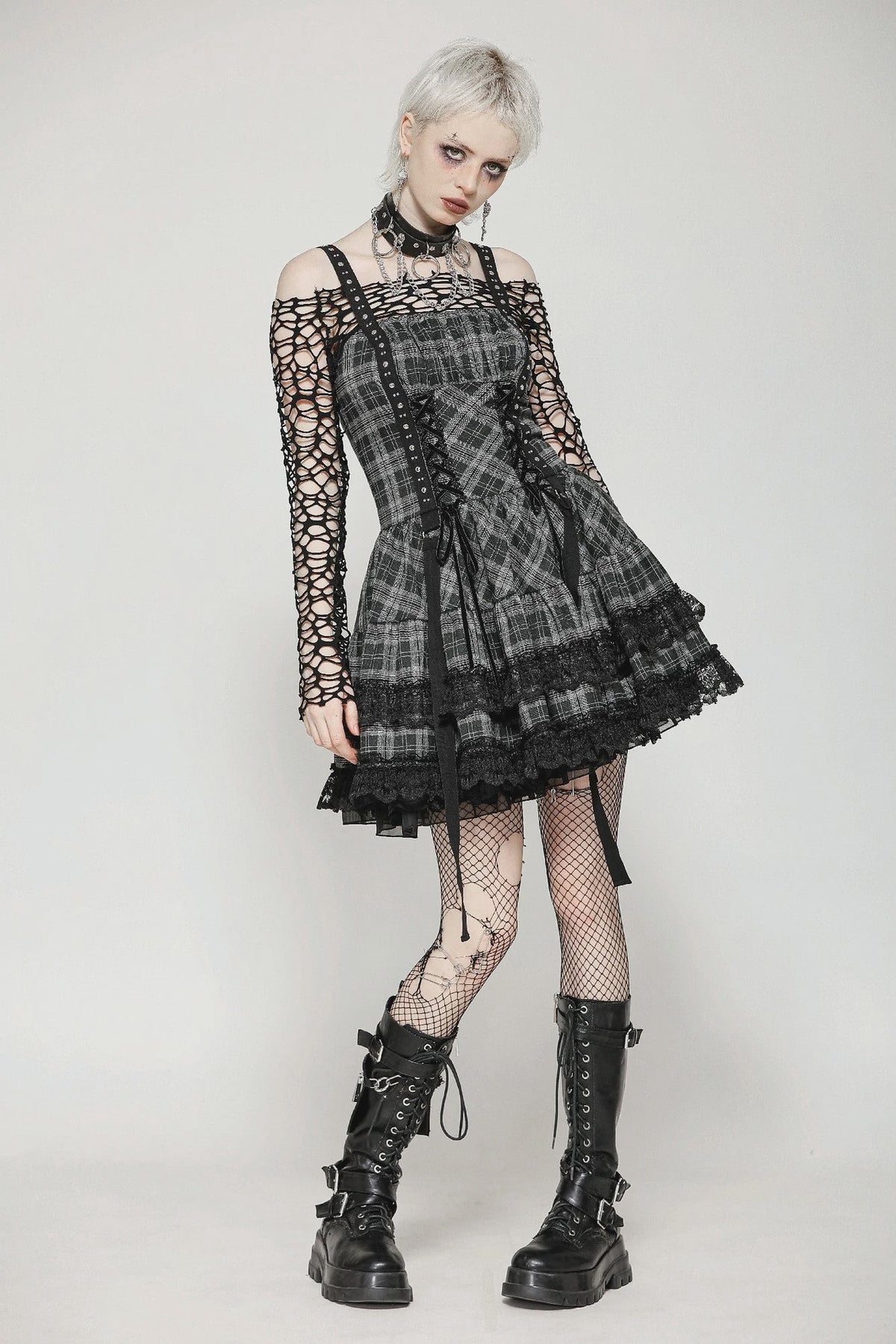 Punk Grey Plaid Metal Studded Dress
