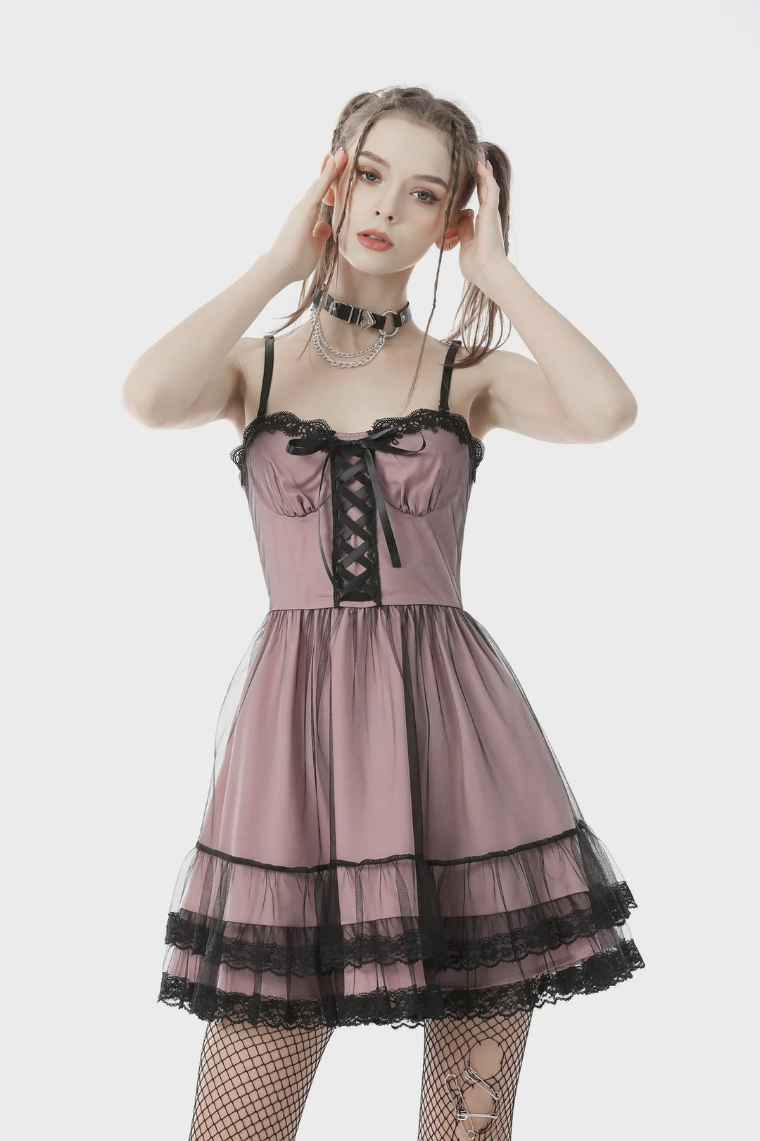 Model wearing the pink and black lace-trim Cool Mesh Pink Doll Dress.