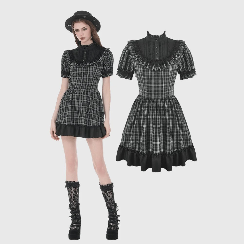 Gothic Ruffle Plaid Dress