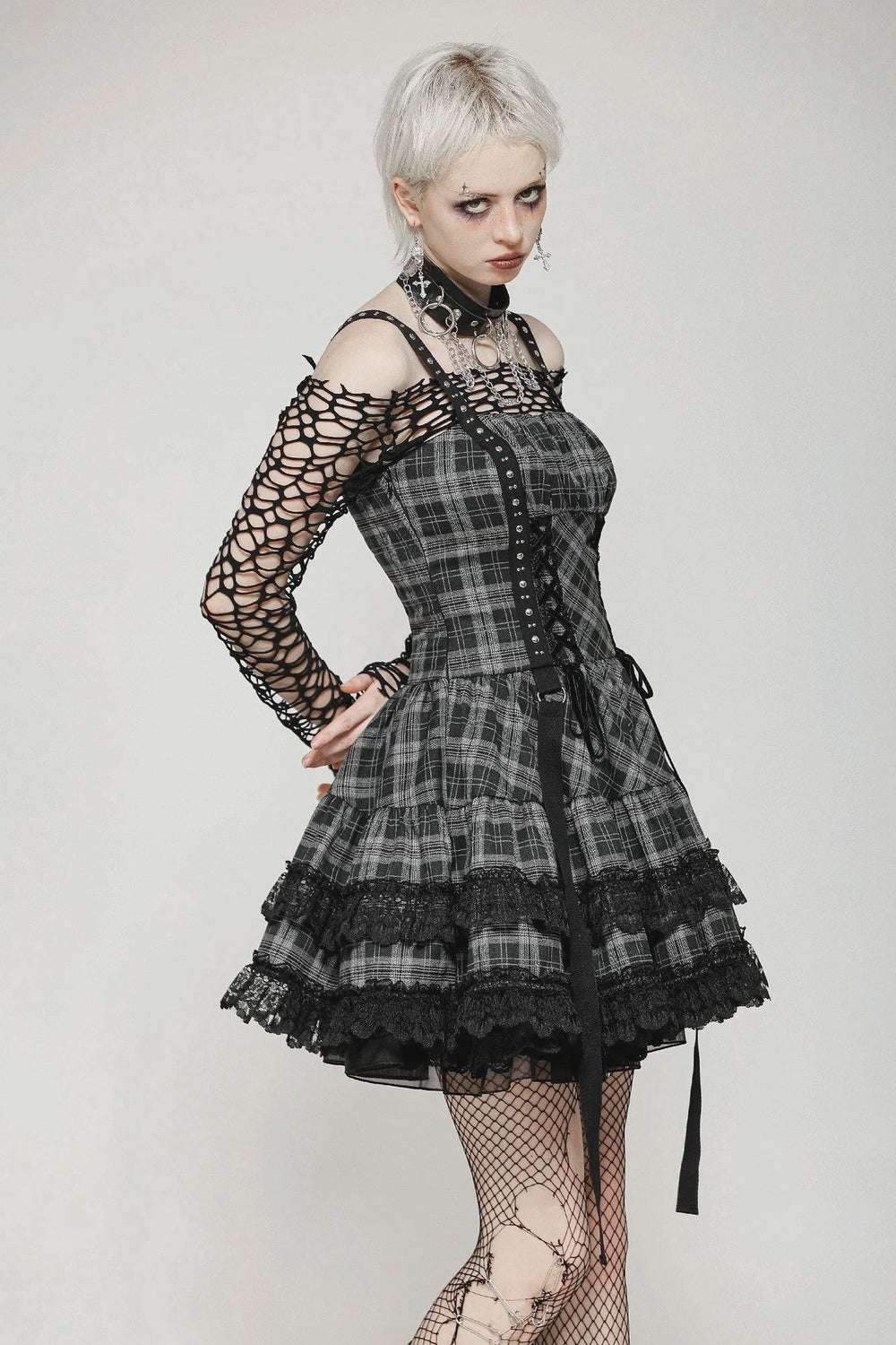 Punk Grey Plaid Metal Studded Dress