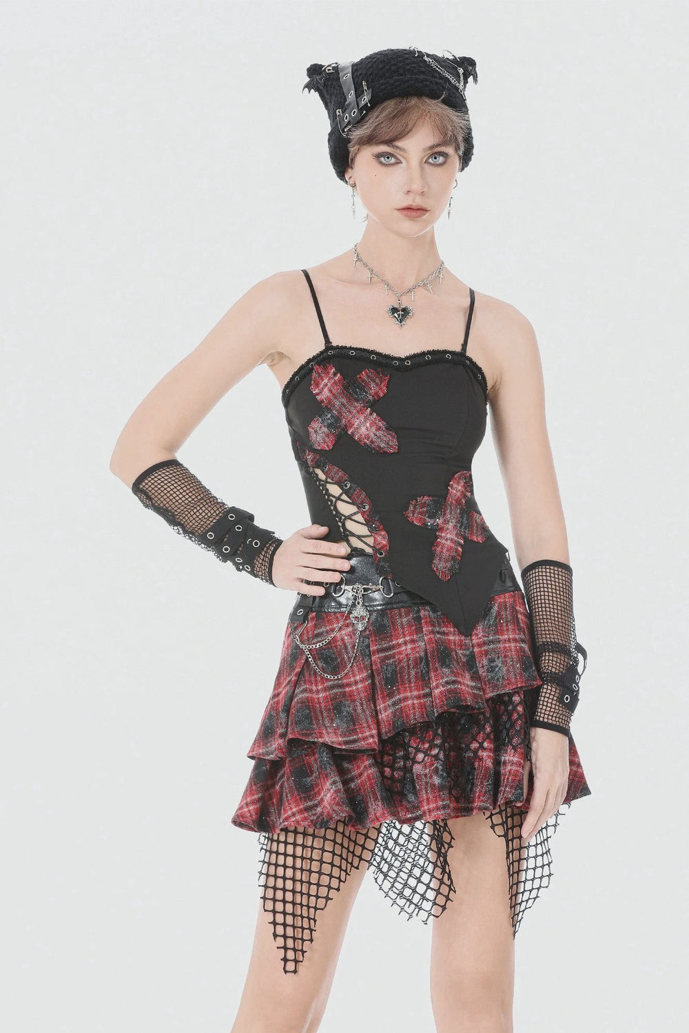 Punk Plaid Cross Strap Top