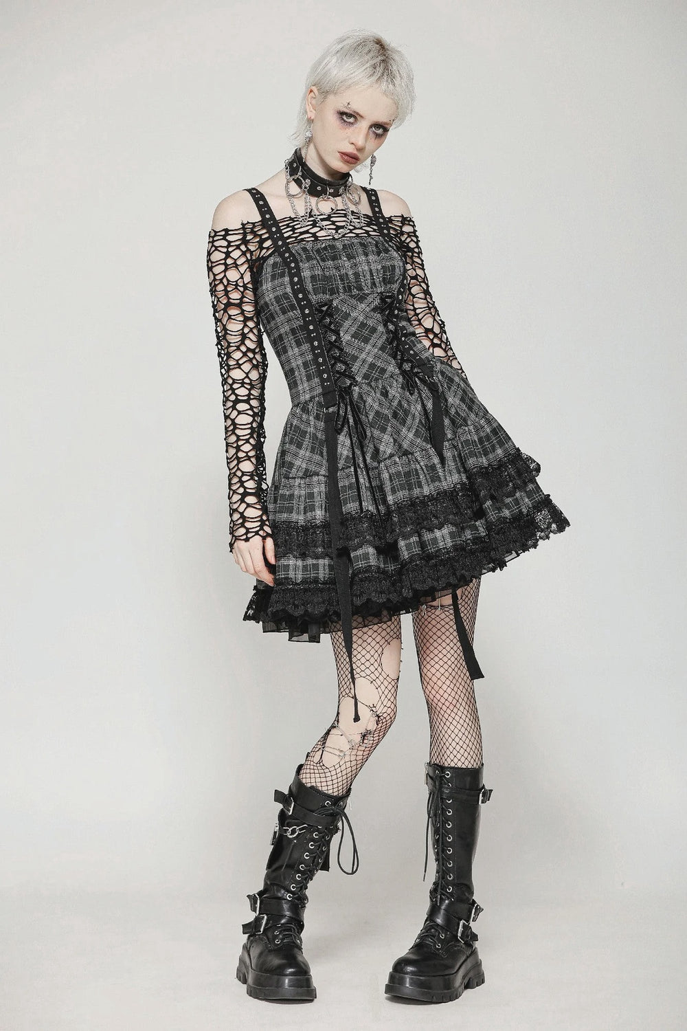 Punk Grey Plaid Metal Studded Dress