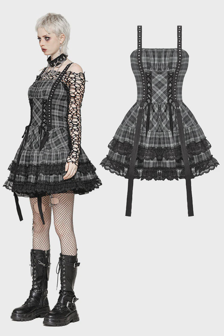 Punk Grey Plaid Metal Studded Dress