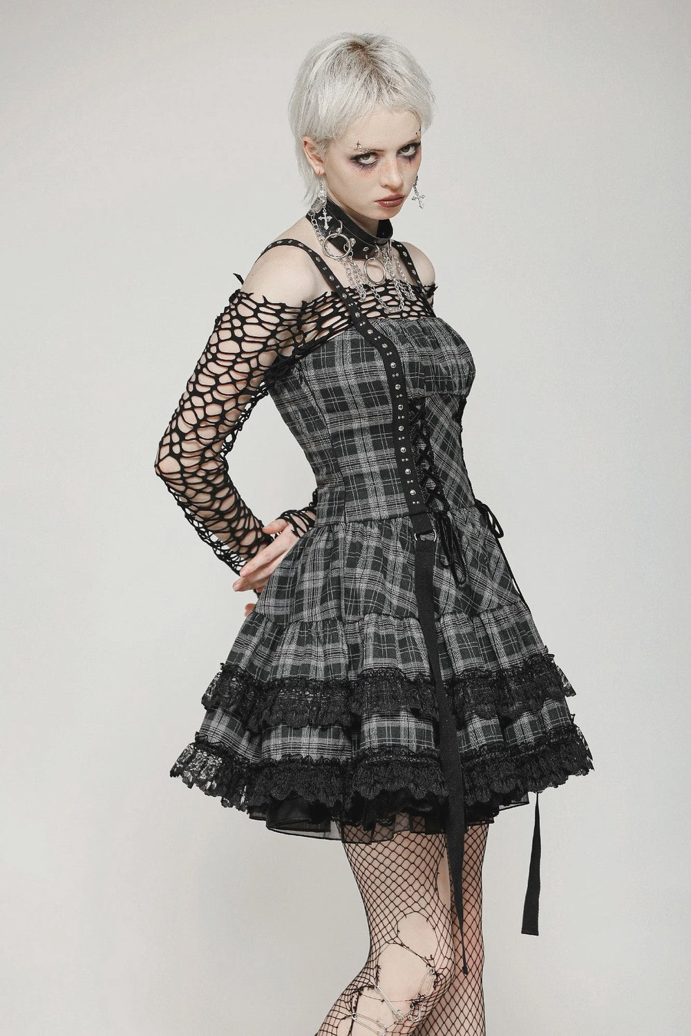 Punk Grey Plaid Metal Studded Dress