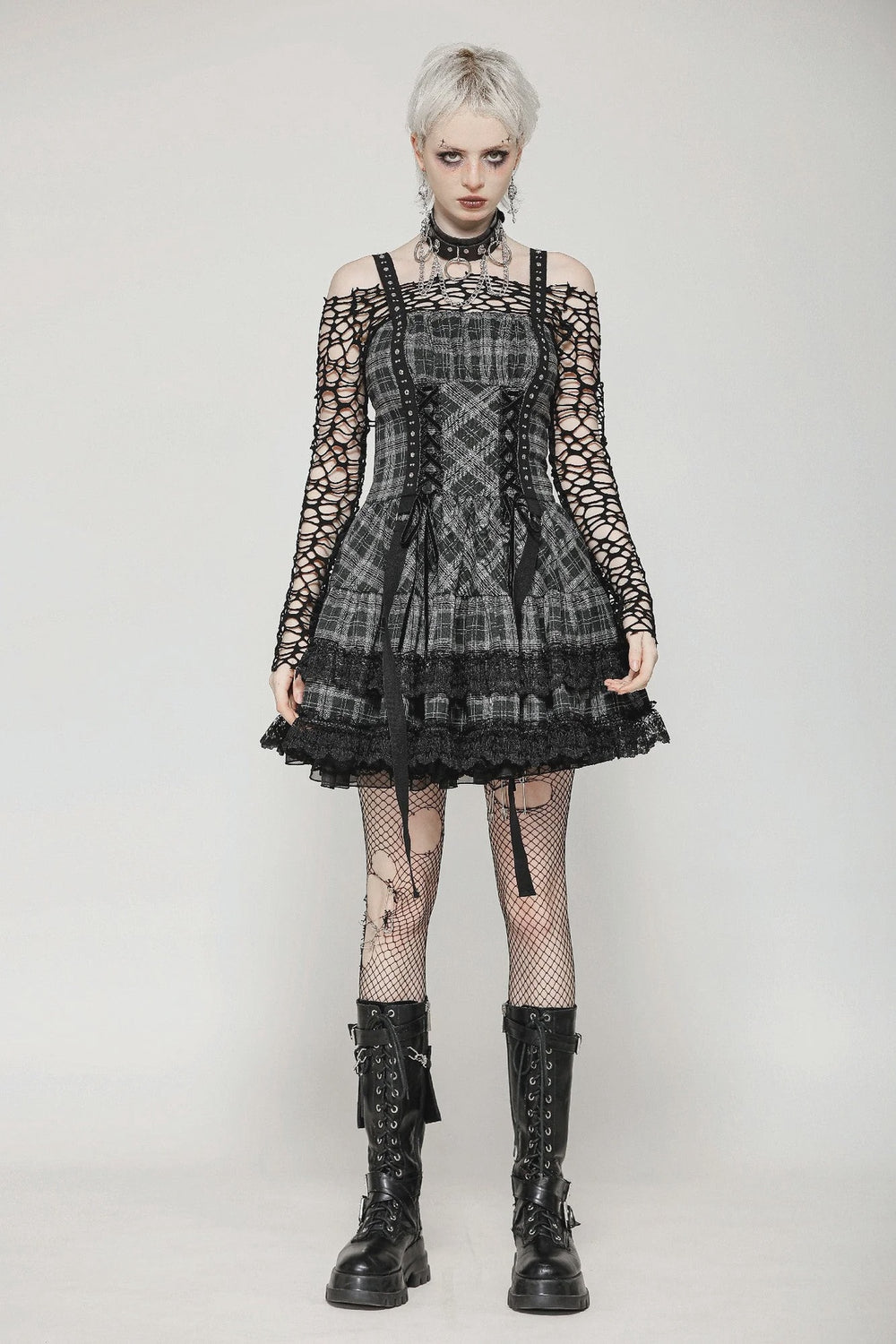 Punk Grey Plaid Metal Studded Dress