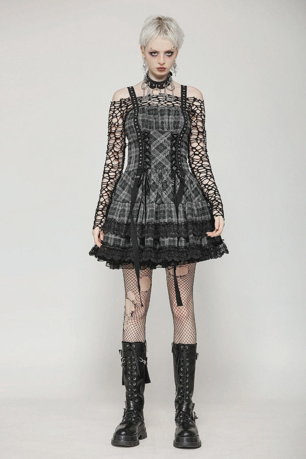 Punk Grey Plaid Metal Studded Dress