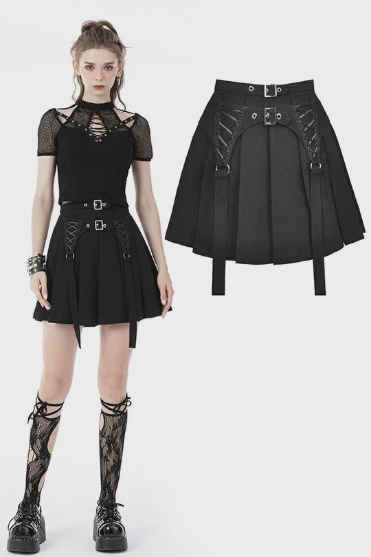Punk Double Buckle Pleated Skirt