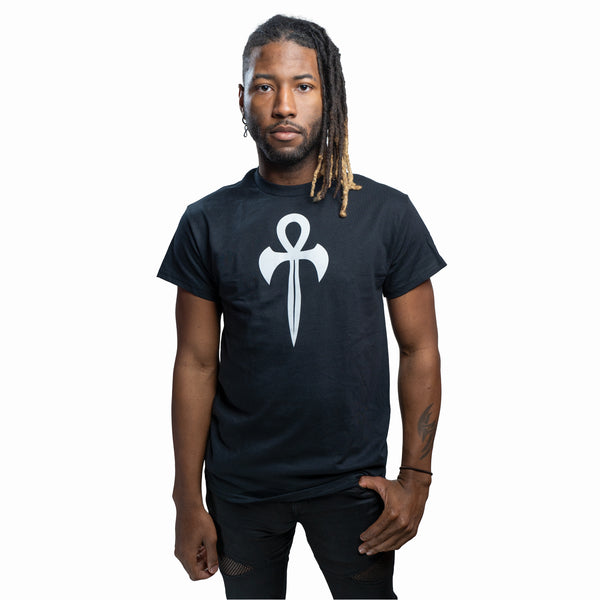 A model wearing a black cotton unisex fit t-shirt featuring a Vampiric Ankh design.