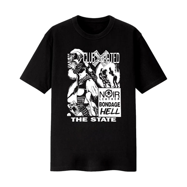 A black cotton unisex fit t-shirt featuring our "Club X" design in white. The design comes from a vintage Noir show print, inverted to white. The design is cartoon-style artwork of a Fetish show, with bondage gear, subs and doms, etc. The shirt says "Club X-Rated" "Noir Leather Bondage Hell" "The State" This show was at The State Theater.