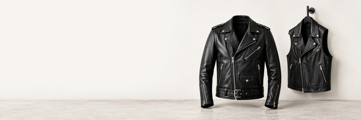 Black leather motorcycle jacket and biker vest against a light studio wall