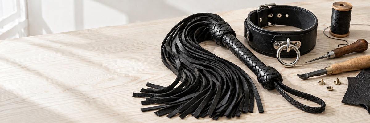 Braided black leather flogger and O-ring collar on a pale wood leatherworking bench