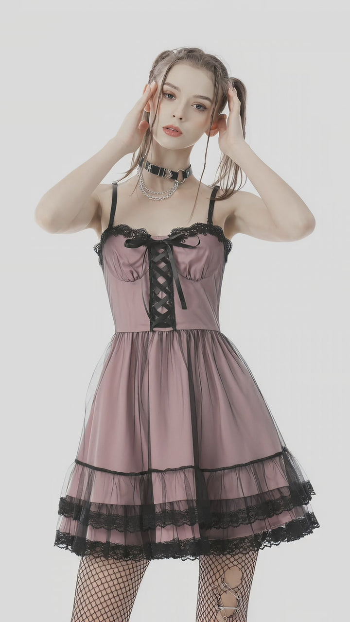Model wearing the pink and black lace-trim Cool Mesh Pink Doll Dress.
