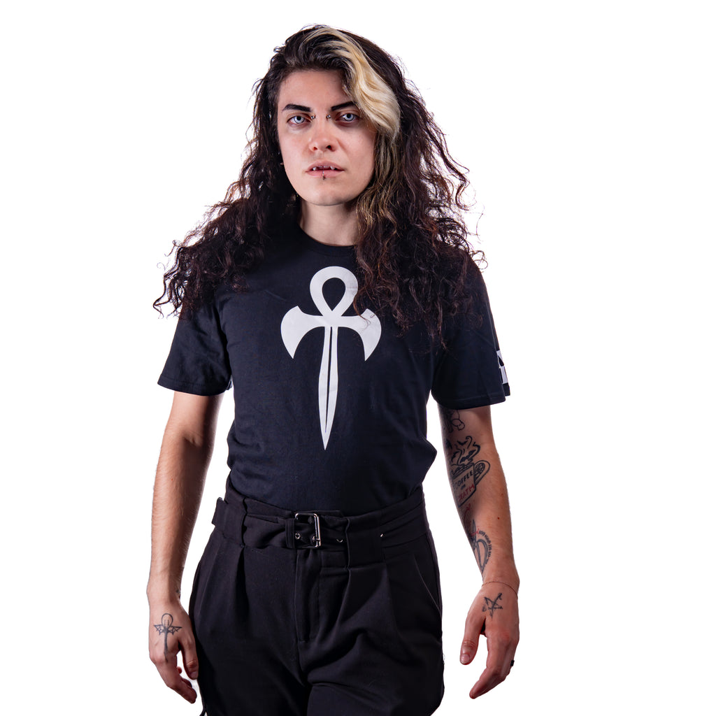An alternative model wearing a black t-shirt featuring a Vampiric Ankh design