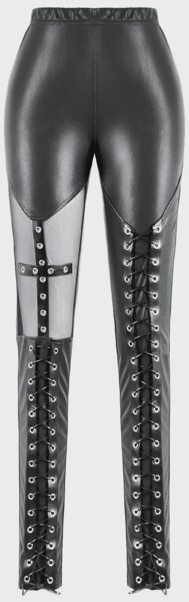 Gothic Lace Up Pu Leather Cross Pants