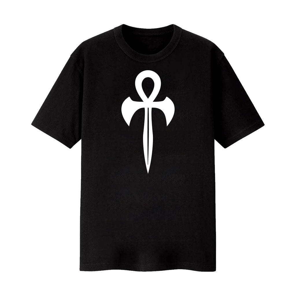 A black cotton unisex fit t-shirt featuring a Vampiric Ankh design in white.