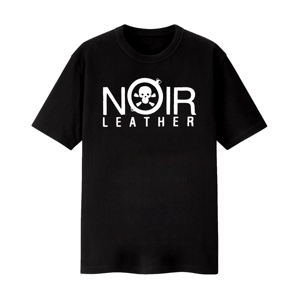 A black cotton unisex fit t-shirt featuring the original Noir Leather logo in white. The design can be described as the name "Noir Leather" with a shackle surrounding a skull and crossbones to replace the 'O' in "Noir". 